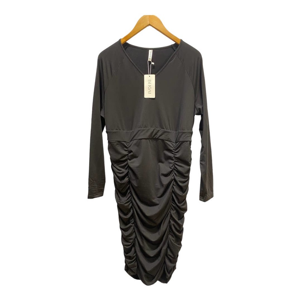 BEIGAI Black Bodycon Ruched Long Sleeve MIDI Dress size 2XL